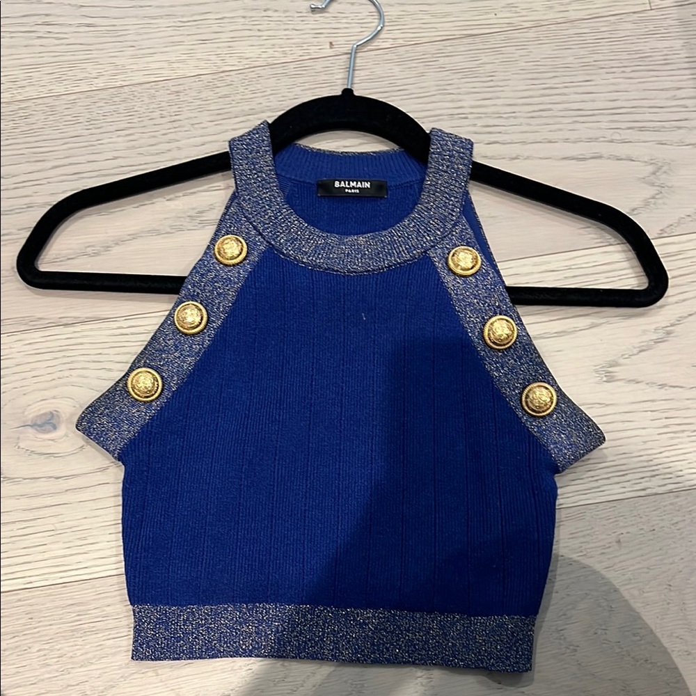 Balmain Blue and Gold Crop Top